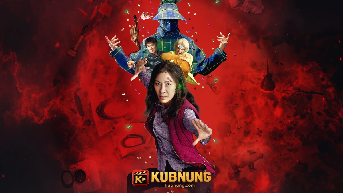 เอเวอลีนสวมชุดสีแดงระหว่างข้ามจักรวาลใน Everything Everywhere All at Once