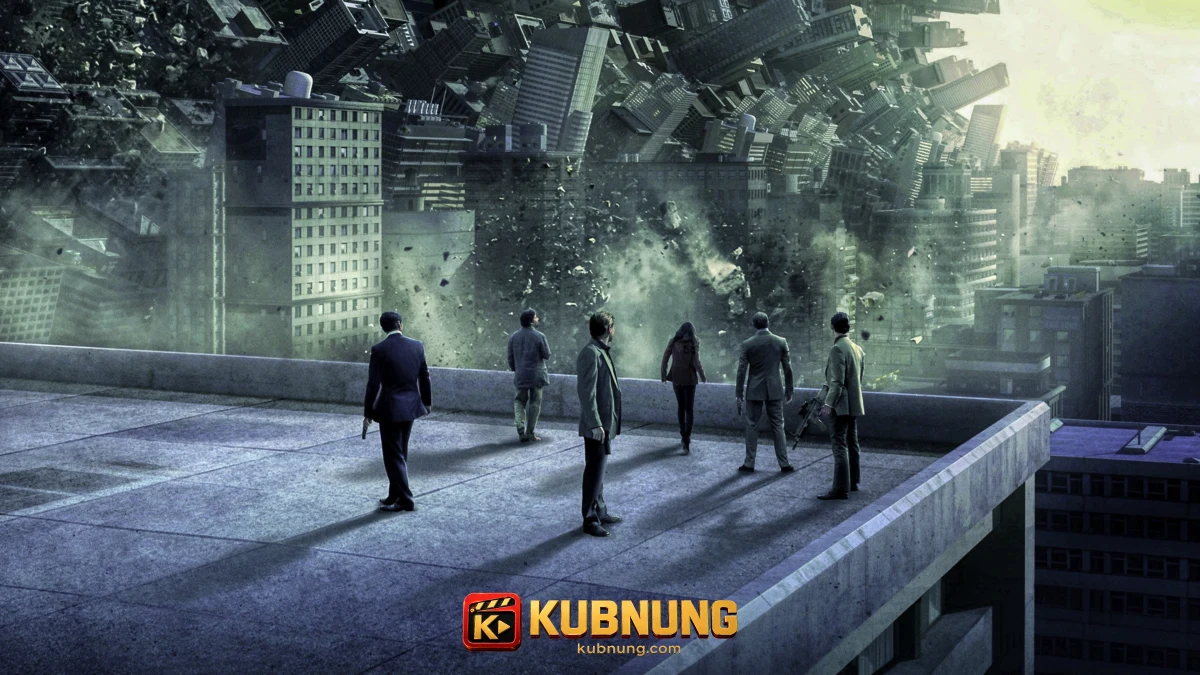 ทีมของคอบบ์ยืนในเมืองที่บิดตัวจาก Inception จิตพิฆาตโลก